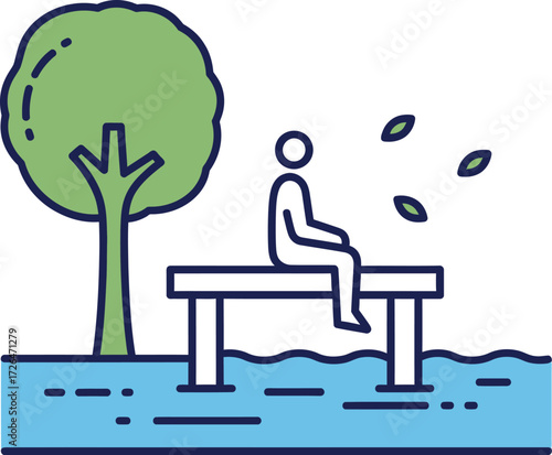 Colored Line Art Vector Illustration of a Person Sitting on a Dock by a Tree Over Blue Water, Tranquil Nature, Relaxation, and Solitude Concept Graphic.