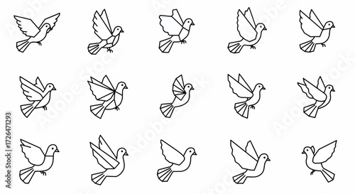 Doves flying in formation against white backdrop, symbolizing peace and hope with simple line work, conveying serenity and tranquility.