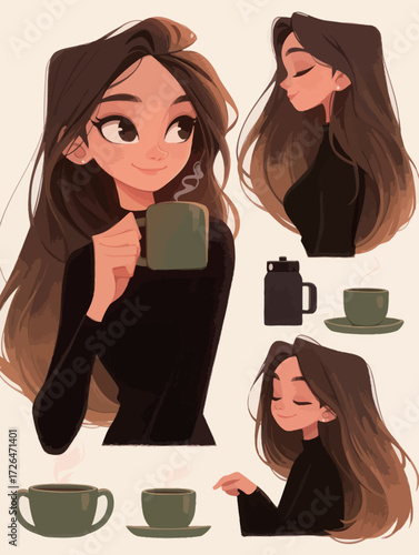 A young woman with long hair enjoys a warm drink in a relaxed atmosphere. The scene captures her various expressions, highlighting her love for coffee.