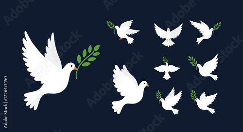 White doves fly with olive branch on dark blue sky symbolizing peace and hope for the future, creating a serene and hopeful atmosphere.