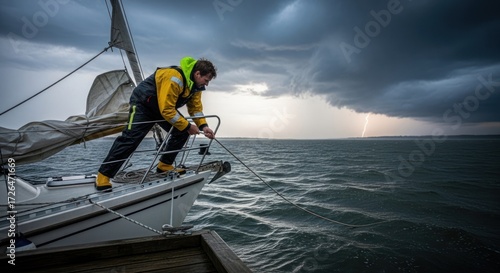 A man in a yellow life jacket standing on a sailboat in a stormy sea.