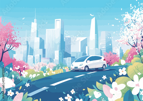 A white car cruises down a scenic road lined with colorful flowers. Tall buildings rise in the background under a clear blue sky, reflecting a lively urban atmosphere.