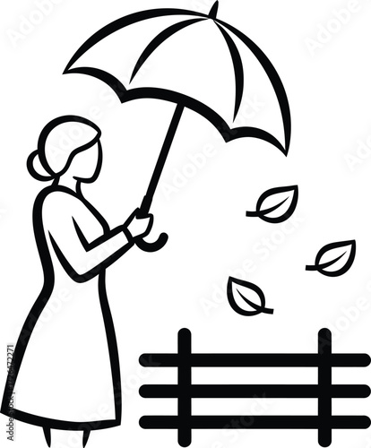 Line Art Vector Illustration of Woman with Umbrella and Falling Leaves: Autumn Season Graphic, Weather Protection and Fall Abstract Concept Design Icon.