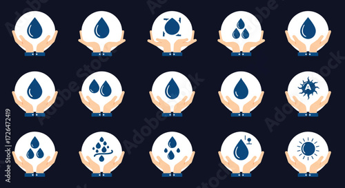 Hands holding water droplets representing conservation and sustainability against a dark blue backdrop, promoting environmental awareness and responsible resource management.