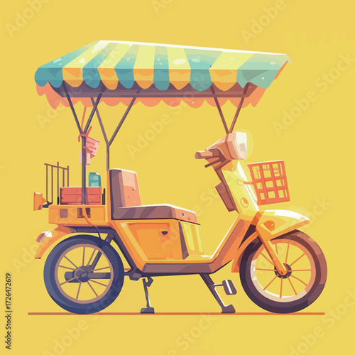 A cheerful yellow tricycle is parked under a colorful canopy, perfect for selling snacks. It features storage for goods and is set against a vibrant yellow background.