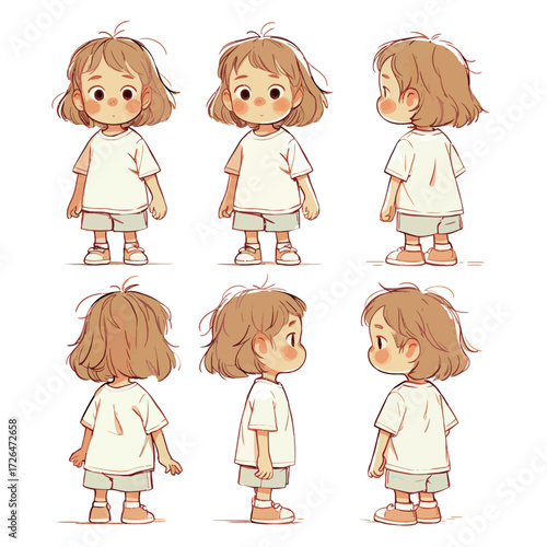 A young child with short hair is shown in various poses, wearing a white t-shirt and shorts. The character expresses curiosity and playfulness in each stance.