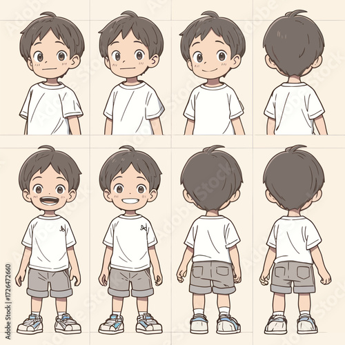 A young boy character is illustrated in various angles and expressions. He wears a simple white t-shirt and shorts, feeling cheerful and playful.