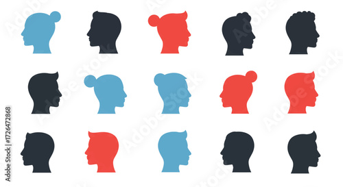 Silhouettes of diverse people face profiles arranged in rows representing community and individuality on a clean white backdrop, symbolizing unity and diversity.