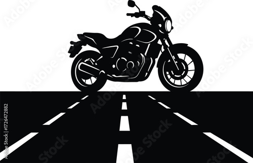 Motorcycle Riding on Open Highway Vector Illustration: Black and White Road Trip and Freedom Graphic, Motorbike Silhouette on Asphalt Route Design Concept.