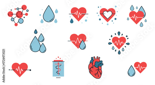 Medical icons representing blood, heart, and circulation displayed on white surface to symbolize health and wellness.