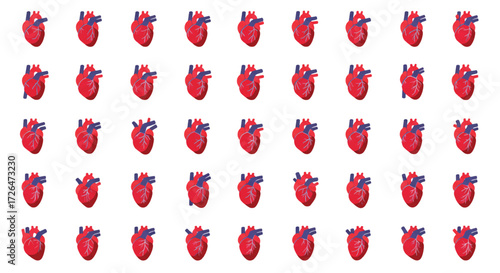Anatomical hearts arranged in grid pattern against white backdrop, symbolizing health, medicine, and the complexity of the human body.