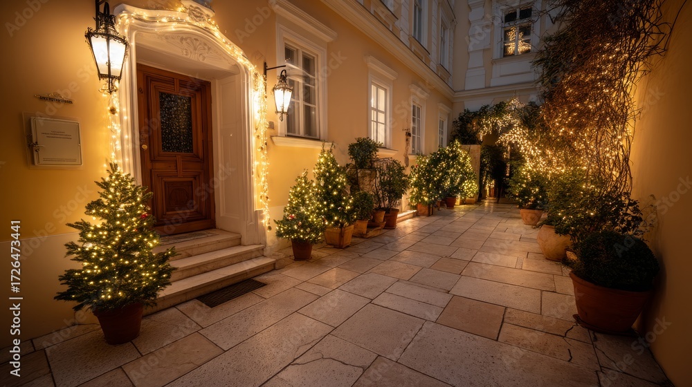 Naklejka premium Cozy house entrance decorated with festive lights and fireworks in a joyful new year's celebration, glowing warmly against a charming backdrop with copy space on the right