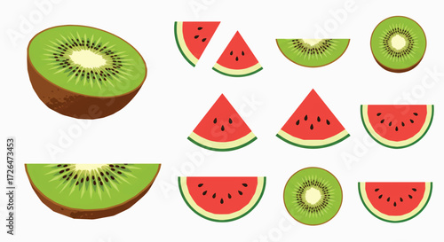 Sliced kiwi and watermelon pieces arranged on white surface showcasing fresh summer fruits in a colorful and vibrant display.
