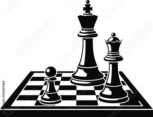 Black and White Chess Pieces on Board Vector Illustration: King, Queen, and Pawn Strategy Game Concept Graphic, Business Success and Competition Icon Design