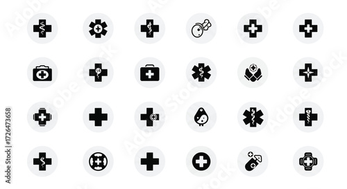 Medical crosses representing healthcare and emergency services on white circles, symbolizing health, safety, and assistance.