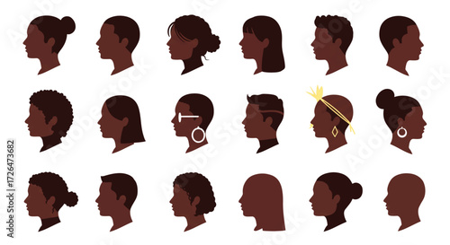 Diverse group of african american people displayed in profile portraits showcasing various hairstyles and facial features against a clean white backdrop.
