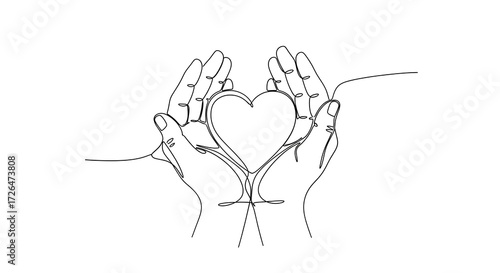 Continuous one-line drawing of two hands holding a heart, symbolizing love, care, and charity.