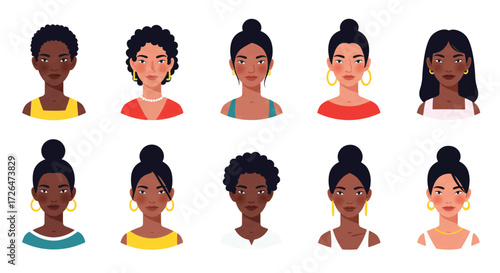 Diverse group of darkskinned women with various hairstyles smiling and posing for portraits in a modern, inclusive, and empowering way.
