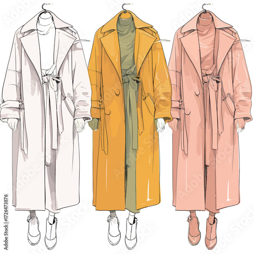 Three trench coats hang on a rack, displaying white, yellow, and peach hues. Each coat features a belted design, perfect for layering in cooler weather.