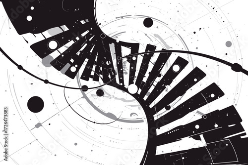 A spiral staircase ascends through a dynamic abstract background with circular patterns and contrasting black and white colors, evoking a sense of movement and depth.