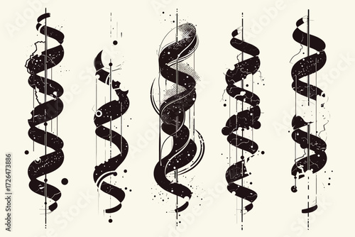 The artwork features five distinct black spirals with varying patterns, accompanied by abstract dots and lines on a light background, conveying a modern aesthetic.