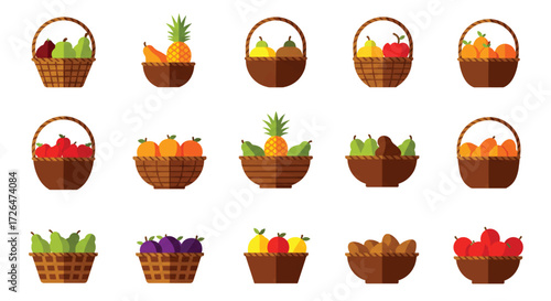 Collection of fruit baskets arranged in rows showcasing variety of fresh produce on white surface, creating a vibrant and healthy presentation.
