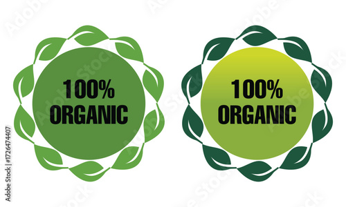 Two 100 percent organic labels with green leaves on a white background design.