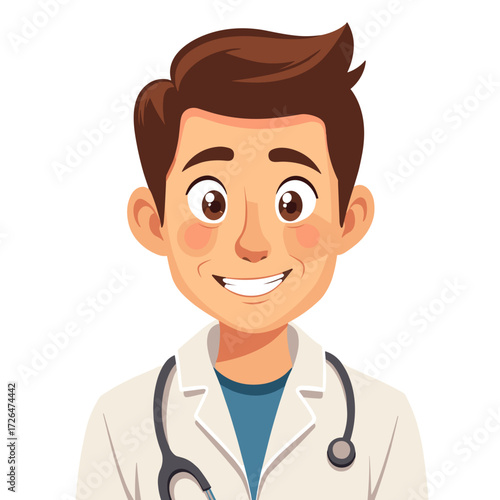 Cartoon male doctor smiling in medical coat with stethoscope  