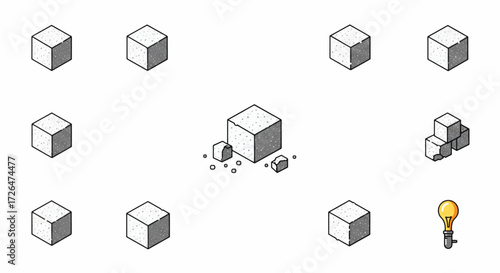 Sugar cubes arranged in a pattern on a white surface, some whole and some broken, with a lightbulb at the bottom right corner, suggesting sweetness and ideas.