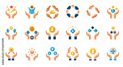 Hands holding various business and achievement symbols representing growth and success in a collaborative and supportive environment.