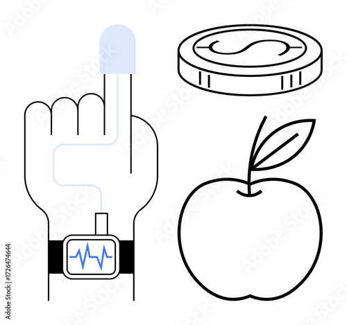 Hand wearing a smartwatch with health monitoring, apple symbolizing nutrition, and coin depicting wealth. Ideal for health, fitness, technology, wellness, finance balance minimalism. Simple flat