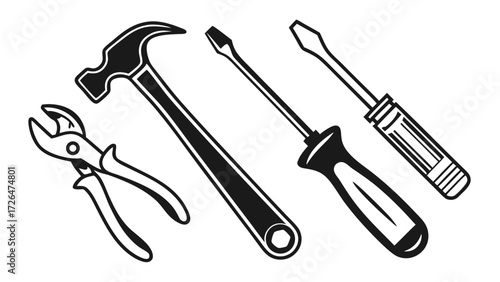 Black Vector Icons Set of Wrench, Hammer, Pliers, Screwdriver and Spanner in Silhouette Style on Clear Background
