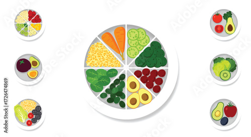 Healthy food portions displayed on plates representing balanced diet with fruits, vegetables, and grains for nutrition and wellness.