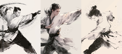 Three martial artists showcase powerful and fluid movements while wearing traditional attire. Each one demonstrates skill and grace through ink-like brush strokes.