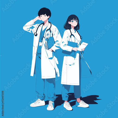 Two young doctors, one male and one female, wear scrubs and white coats, posing confidently against a bright blue background. They hold medical tools and look ready for work.