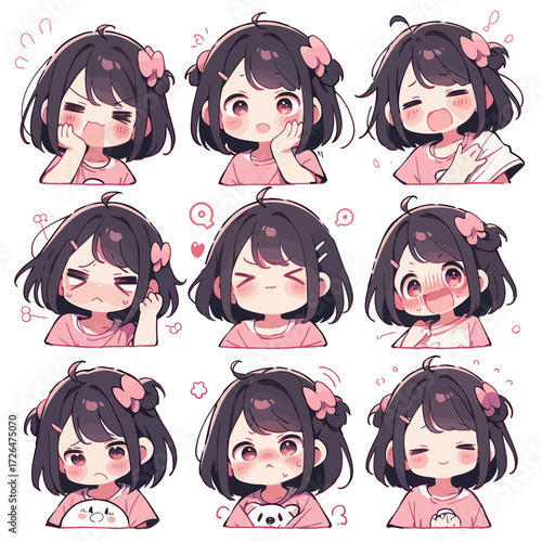 This scene features a cartoon character with dark hair and a pink outfit showing different facial expressions.