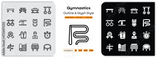 Gymnastics outline & glyph icons set with editable stroke, featuring balance beam, rings, ribbon, athlete, flexibility, vault, performance, exercise, competition, sports illustration