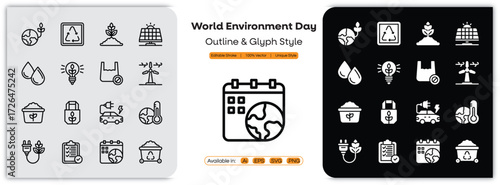 World Environment Day outline & glyph icons set with editable stroke, featuring earth, tree, leaf, recycle, renewable energy, water drop, eco bag, green nature, sustainability, ecology illustration