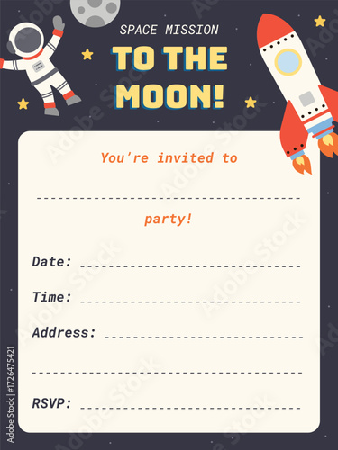 OUTER SPACE party invitation pre-made astronaut themed illustration design celebration printable vector birthday event festival