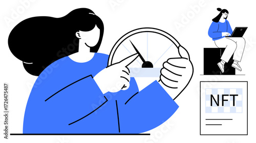 Woman adjusting gauge to reflect achievement, sitting figure on laptop, NFT artwork poster. Ideal for productivity, goal setting, NFT, cryptocurrency, technology, progress tracking digital age