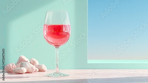 Wine Glass with Red Drink on Marble Surface Against Turquoise Wall in Soft Light Still Life
