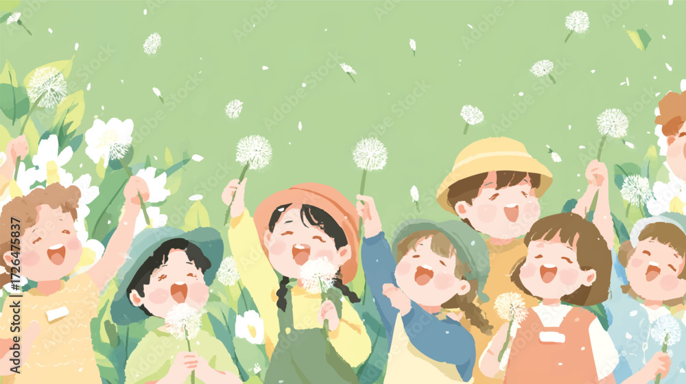 Fototapeta premium Illustration of happy children playing with dandelions on a green background.