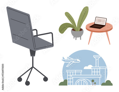 Office chair, open laptop on side table, potted plant, and airport terminal with airplane suggest productivity, travel, remote work, business, flexibility modern lifestyle. Ideal for workplaces