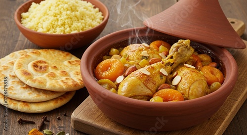 Moroccan chicken tagine with apricots, almonds, and couscous in clay pot, styled with flatbread and earthy tones for rustic aesthetic