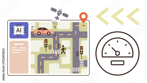 AI-driven traffic system monitors car, pedestrian crossing, traffic lights, satellite GPS navigation, and speed control. Ideal for technology, transportation, urban planning, automation innovation