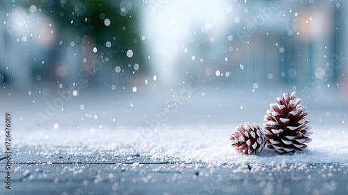 Winter Pine Cones on Snowy Surface with Bokeh Lights and Falling Snow Festive Still Life in Soft Blue and White Tones for Holiday Season