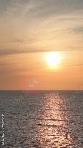 Aerial Panorama view of tropical beach seascape horizon. Royalty high-quality free best stock of sunrise over ocean horizon, panoramic sea skyline beach, relaxing outdoors vacation, the sun rising up 