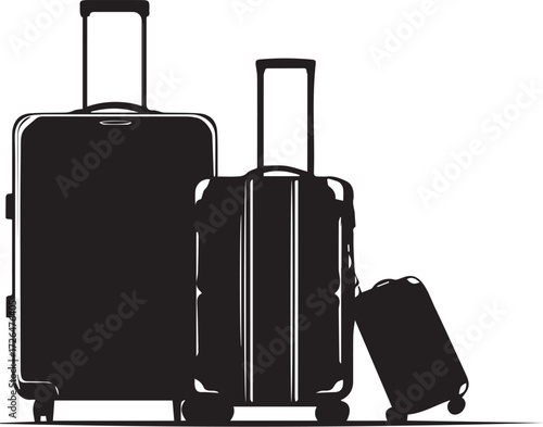 Black and white vector illustration of three wheeled travel suitcases with telescopic handles in silhouette