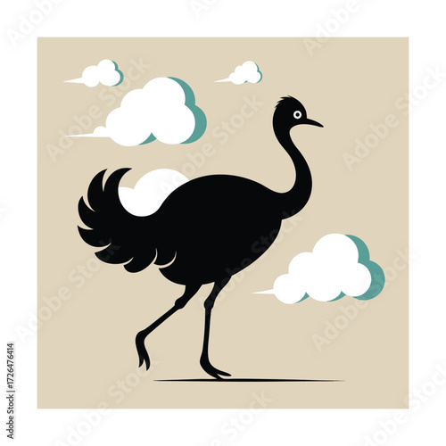 Black silhouette of an ostrich with clouds bird animal
