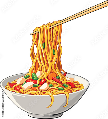 Print Asian noodle bowl with vegetables and chopsticks vector illustration for food and culinary design